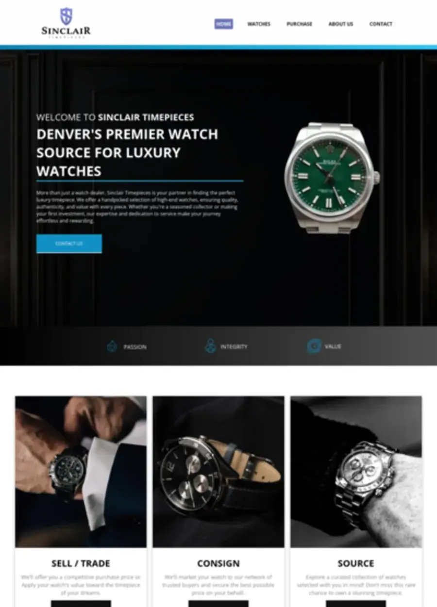 Screenshot of the Sinclair Timepieces website homepage