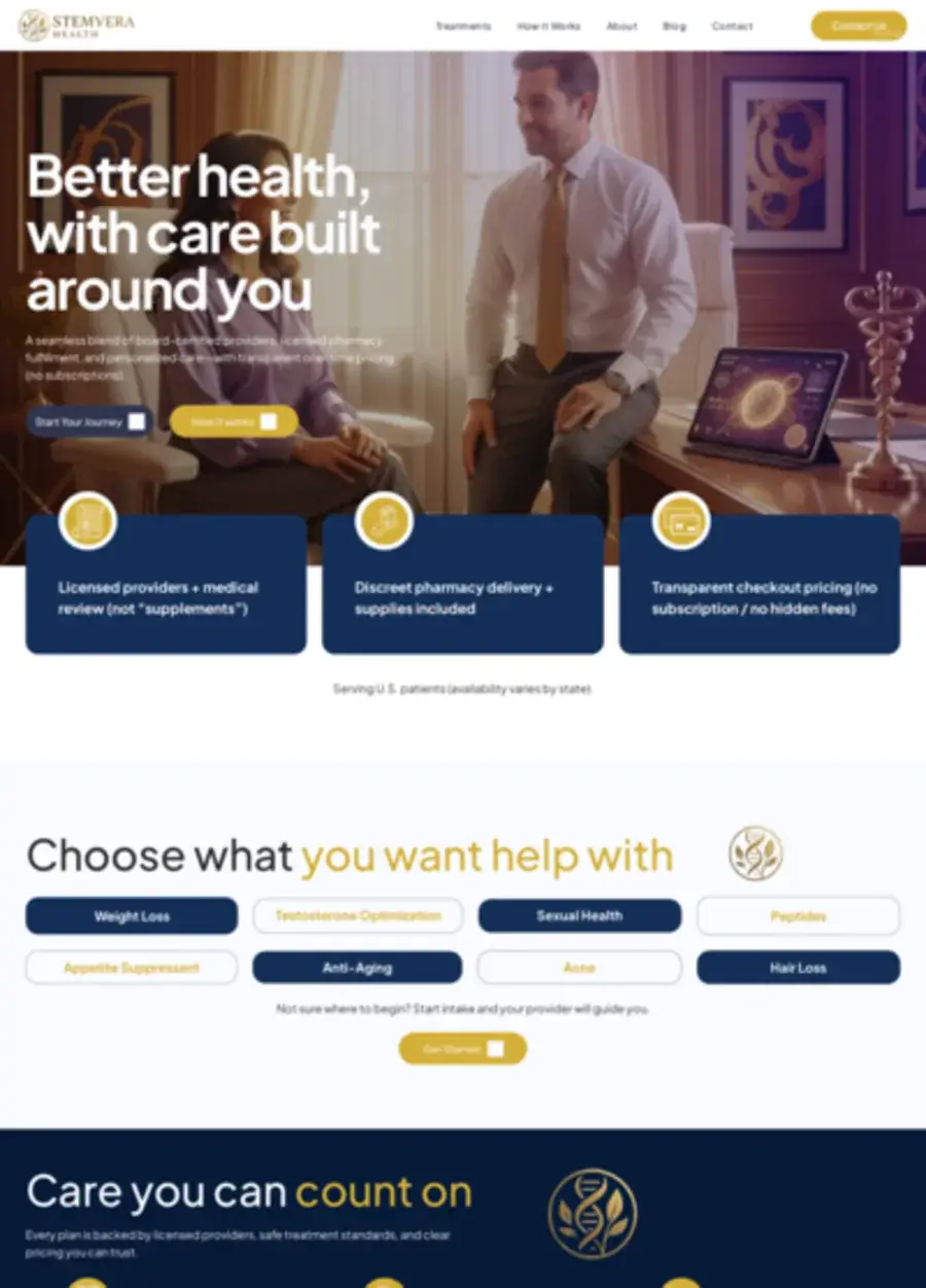 Screenshot of the StemVera website homepage